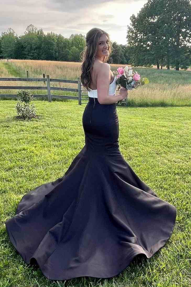 Strapless Mermaid Bow Sleeveless Satin Long Formal Prom Dress with Train