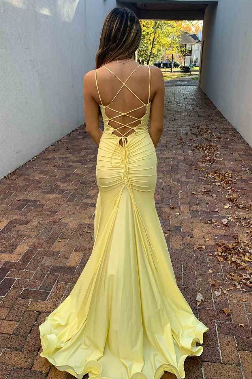 Simple Yellow Spaghetti Straps V-Neck Mermaid Long Formal Prom Dress