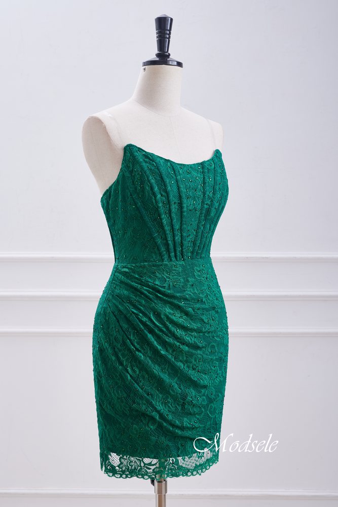 Strapless Hunter Green Lace Pleated Tight Homecoming Dress