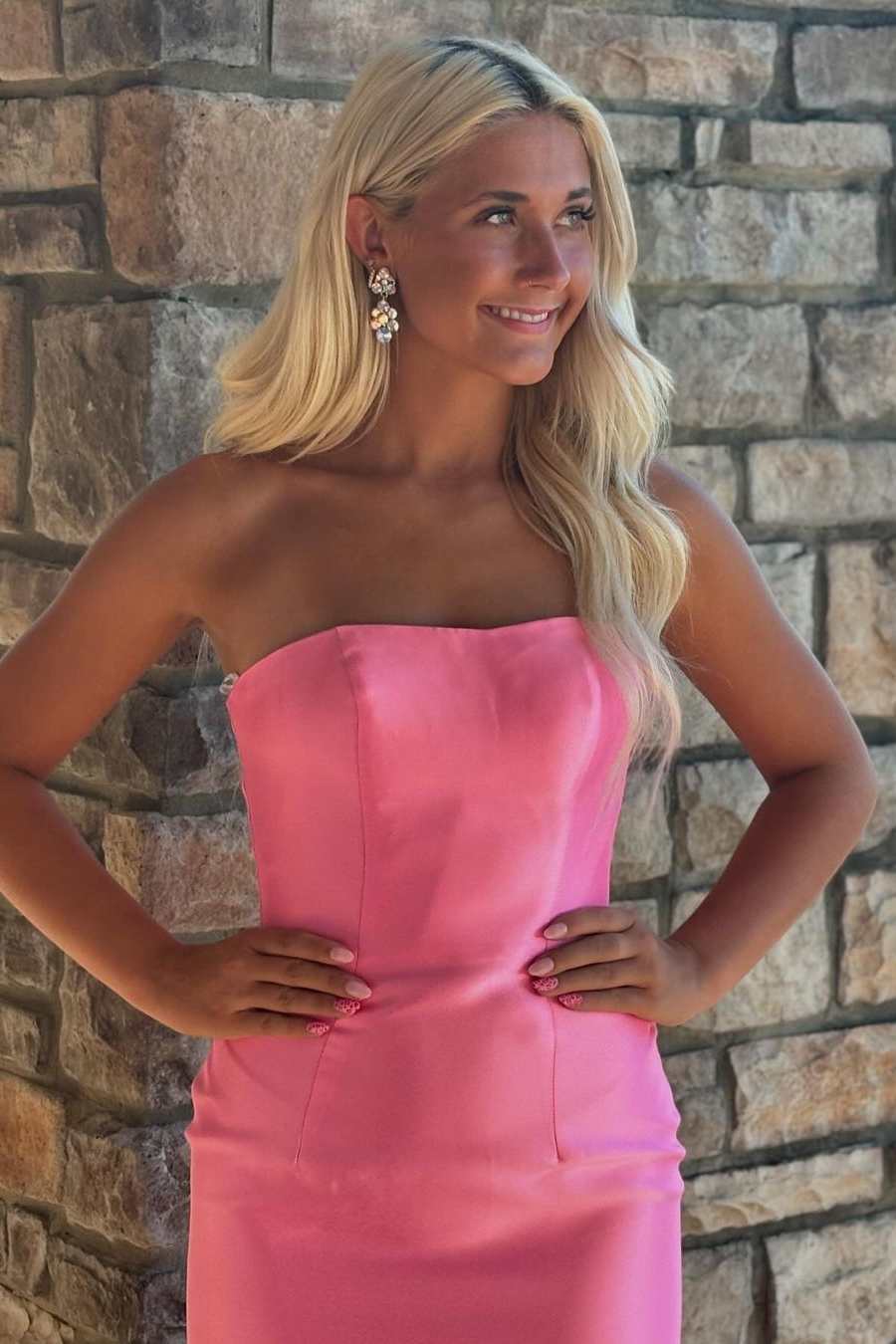 Pink Strapless Scoop Tiered Sleeveless Long Prom Formal Dress with Slit