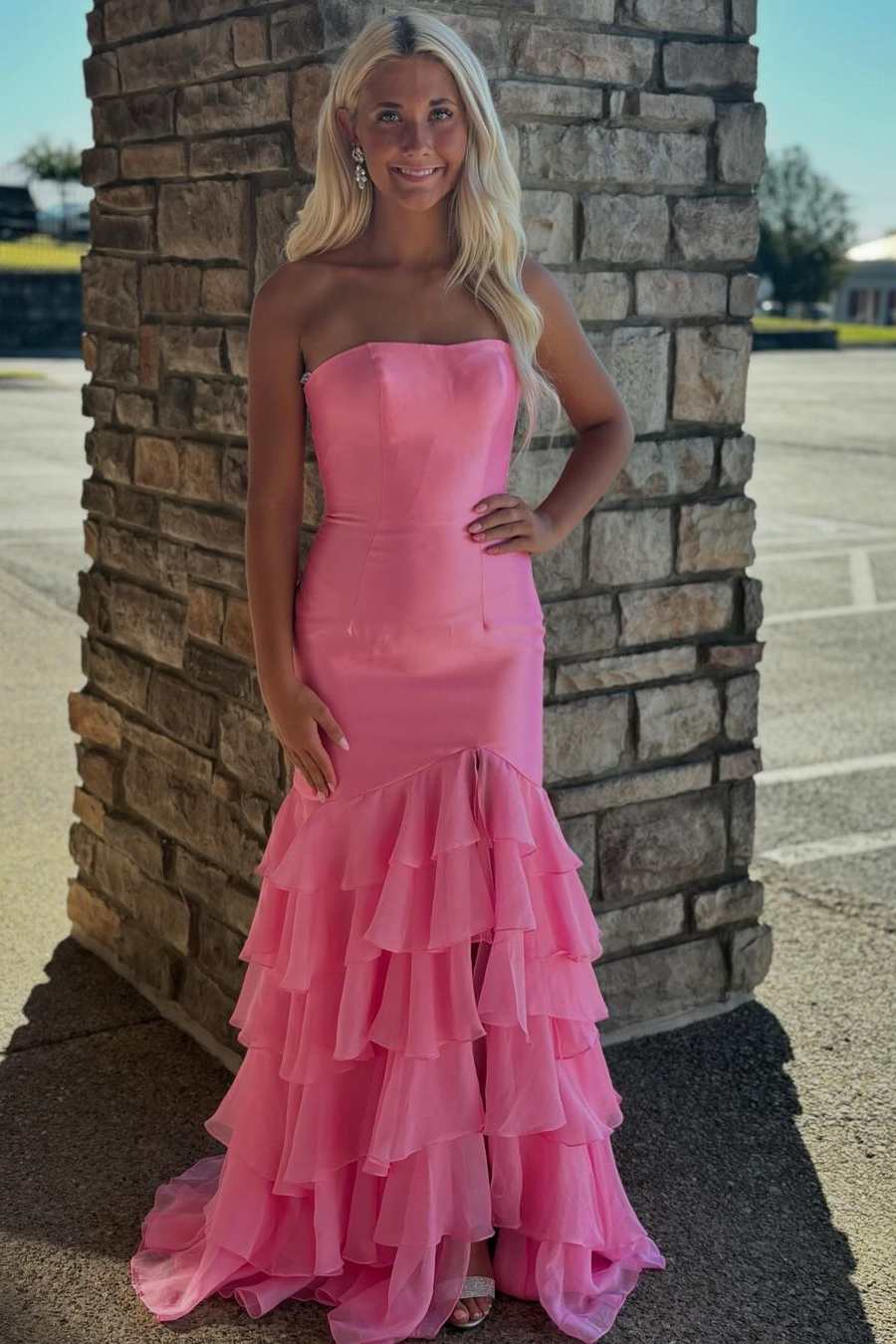 Pink Strapless Scoop Tiered Sleeveless Long Prom Formal Dress with Slit