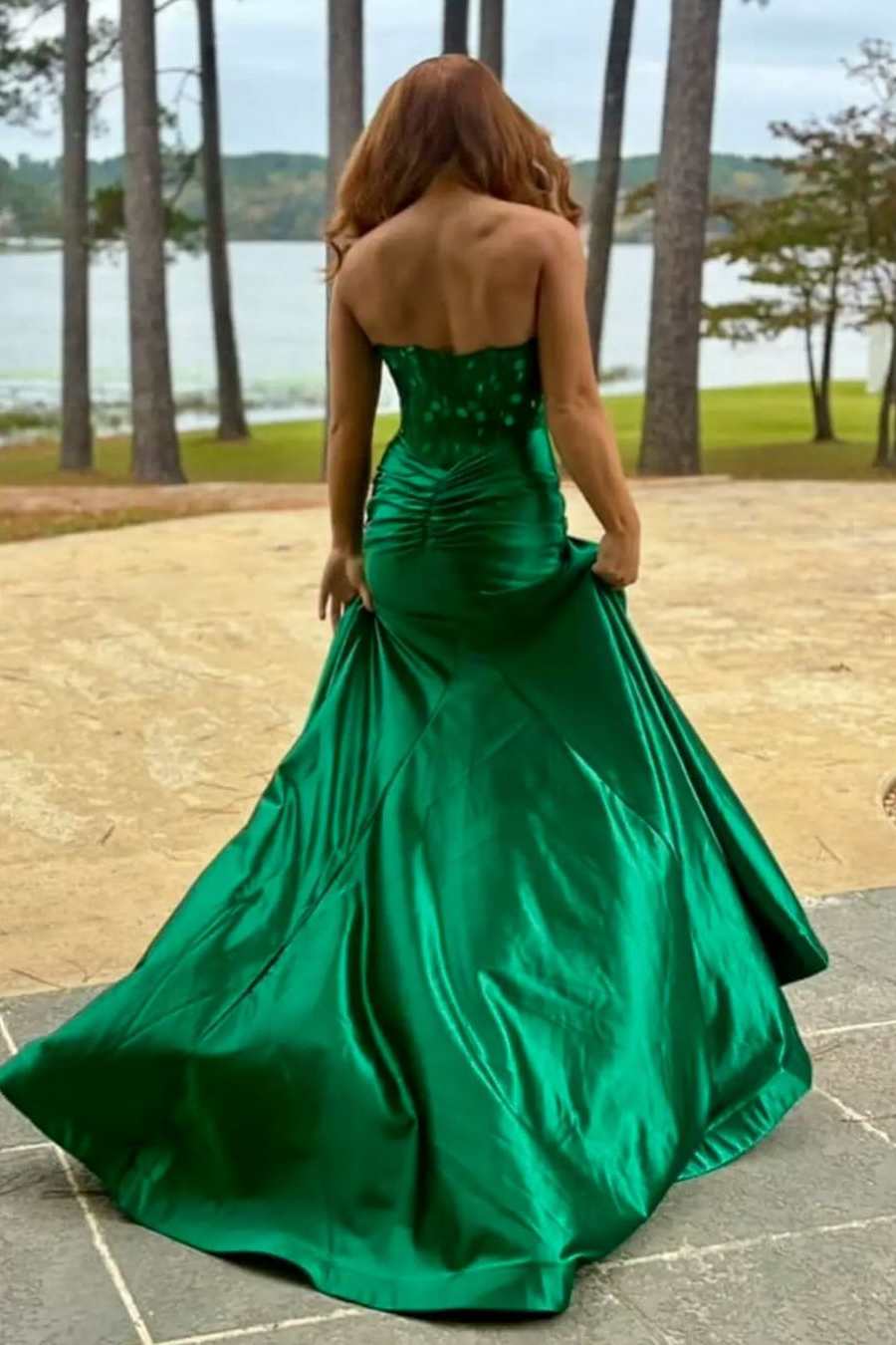 Green Strapless Mirror-Cut Sequins Mermaid Long Prom Dress with Slit