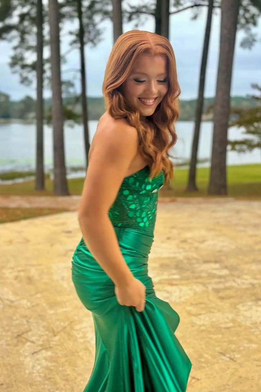 Green Strapless Mirror-Cut Sequins Mermaid Long Prom Dress with Slit