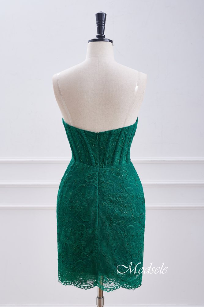 Strapless Hunter Green Lace Pleated Tight Homecoming Dress