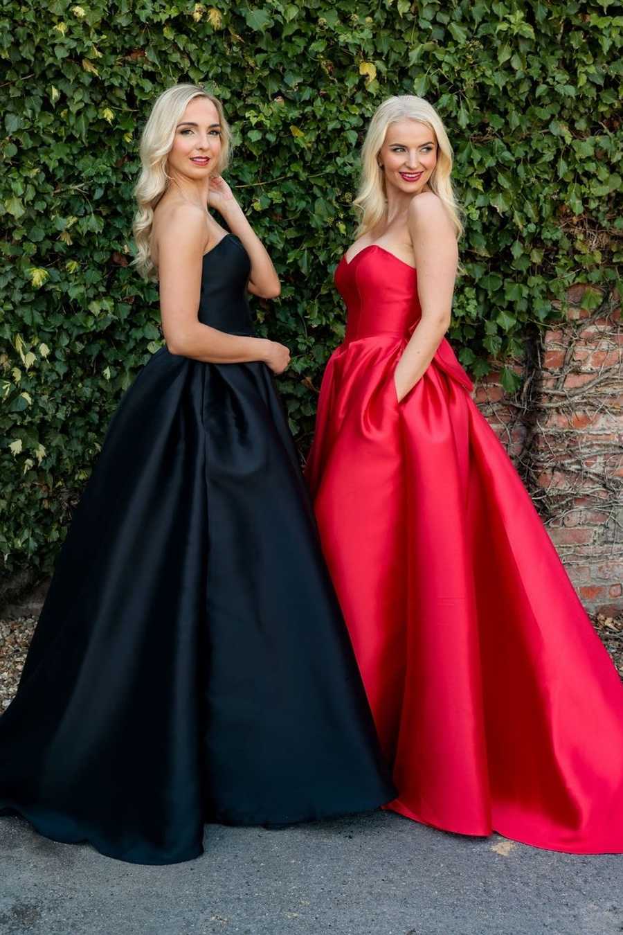 A-Line Strapless Satin Pleated Long Formal Prom Dress with Pockets