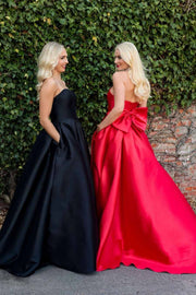 A-Line Strapless Satin Pleated Long Formal Prom Dress with Pockets