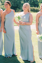 Dusty Sage One-Shoulder Sheath Long Bridesmaid Dress