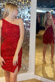 One-Shoulder Red Sequin Short Homecoming Dress with Fringes