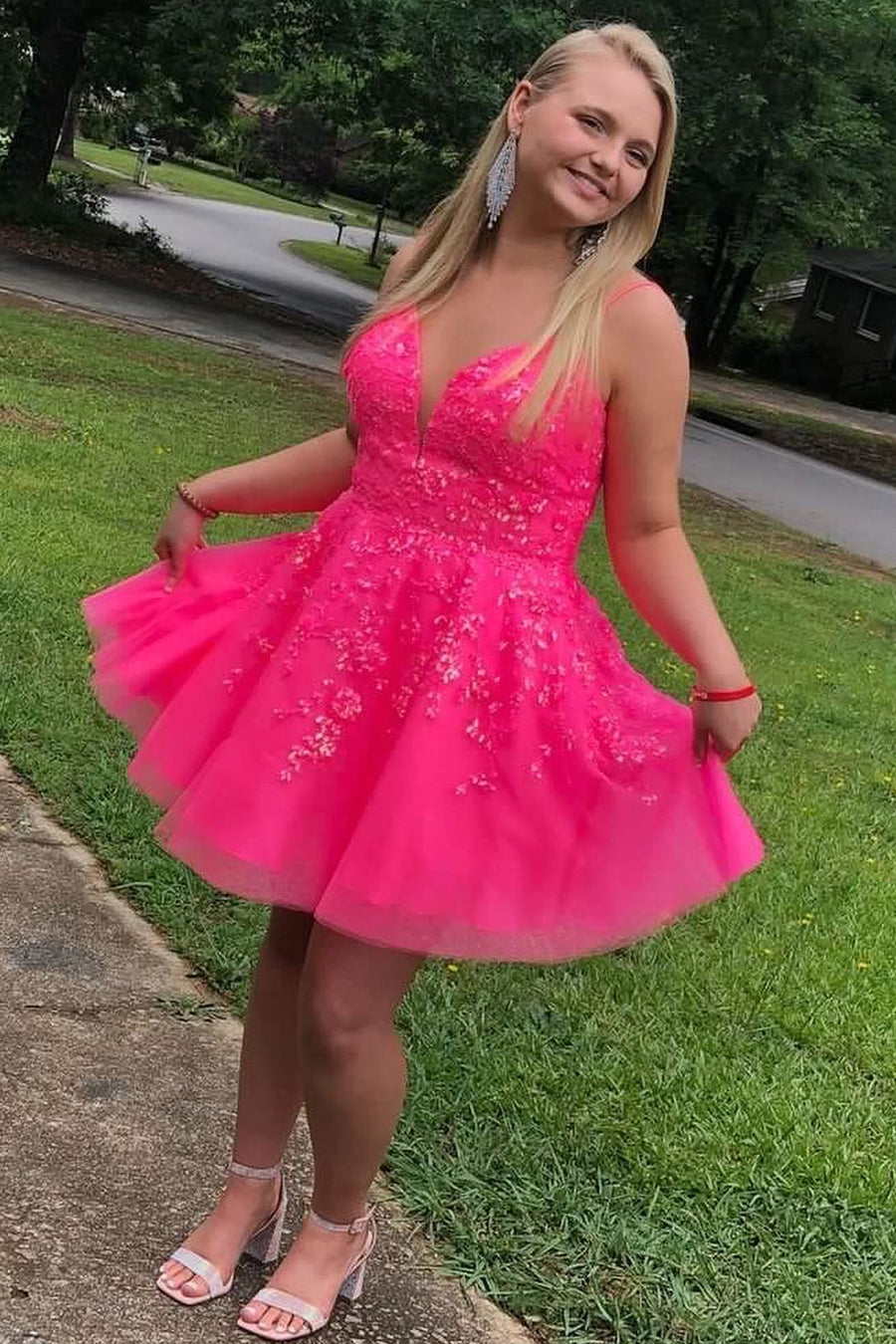 Hot Pink Sequin Lace V-Neck A-Line Homecoming Dress