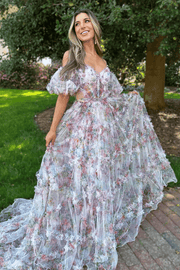 Classy Off-Shoulder Printing A-Line Ruffles Floral Long Prom Dress