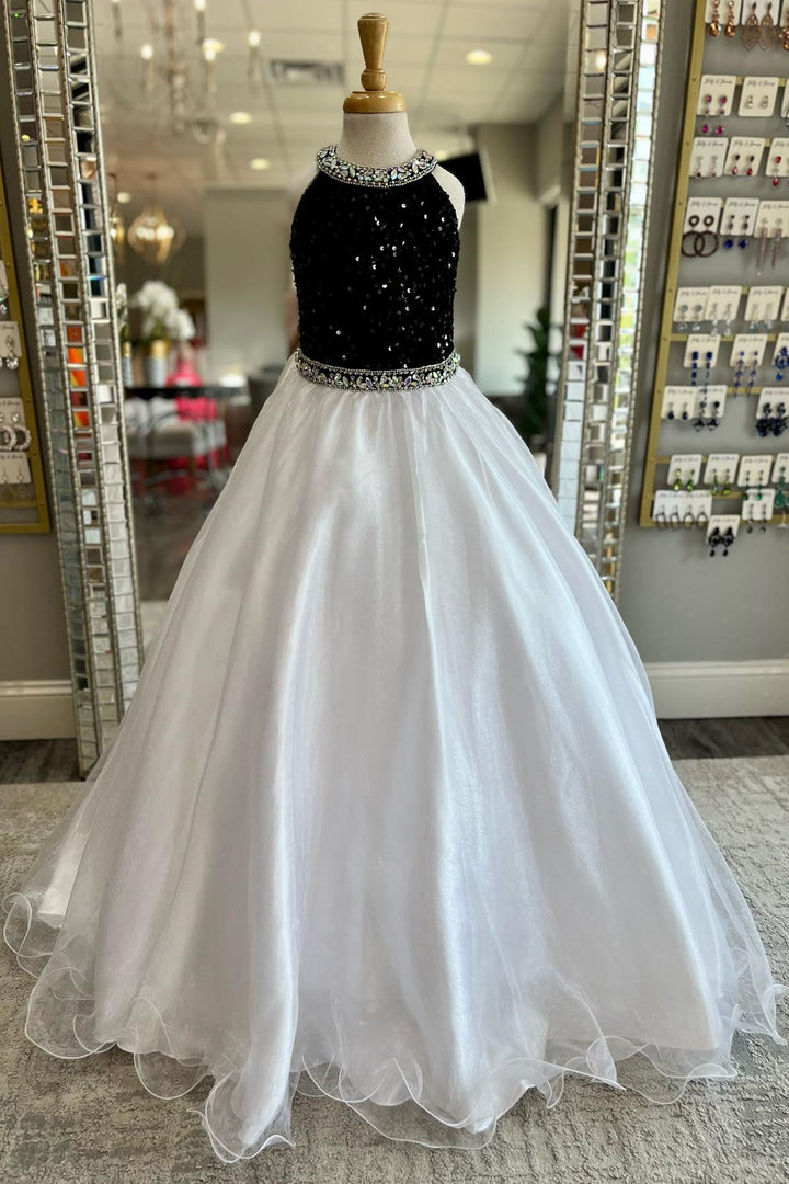 Black Sequin Halter A-Line Girl Pageant Dress