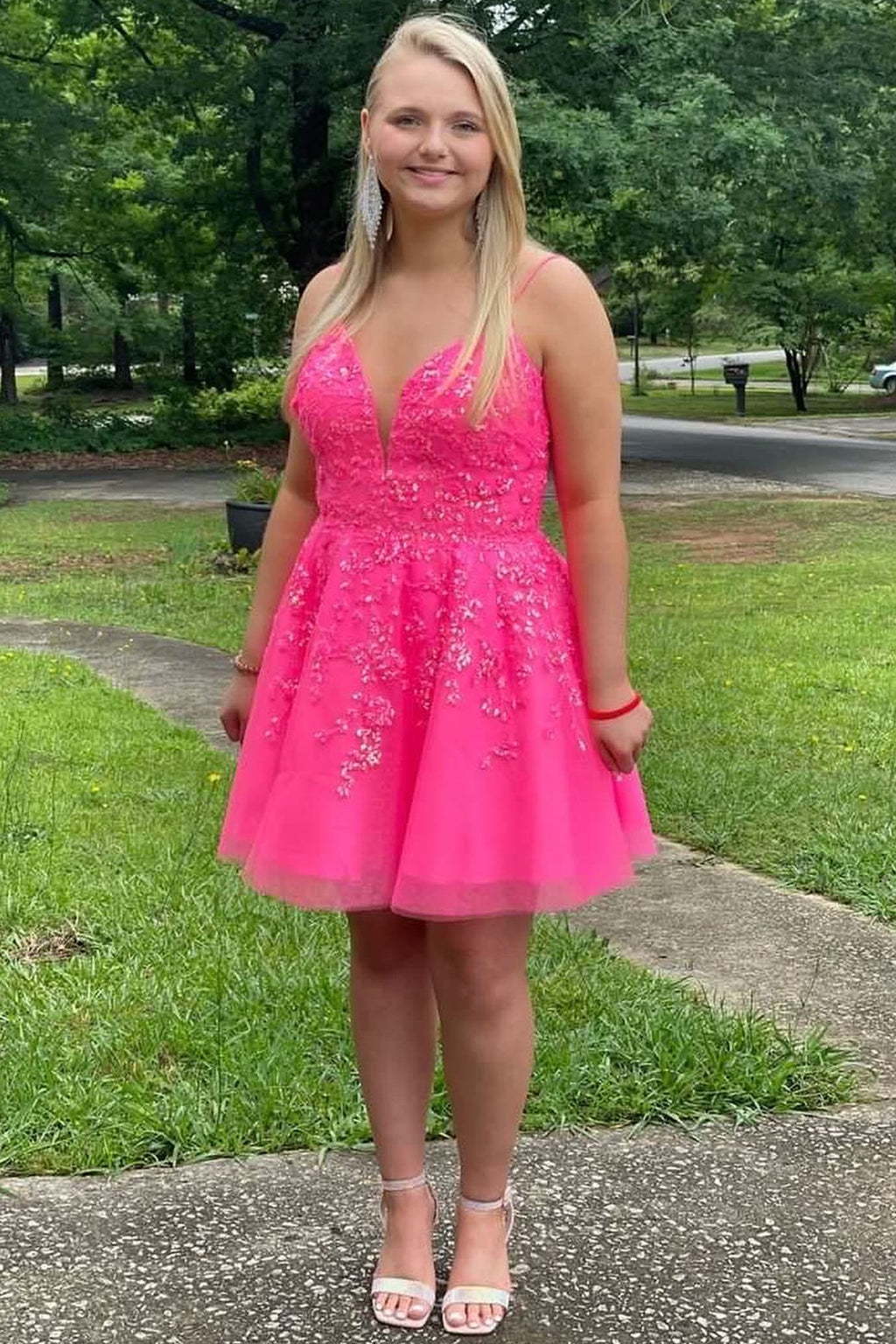 Hot Pink Sequin Lace V-Neck A-Line Homecoming Dress – Modsele