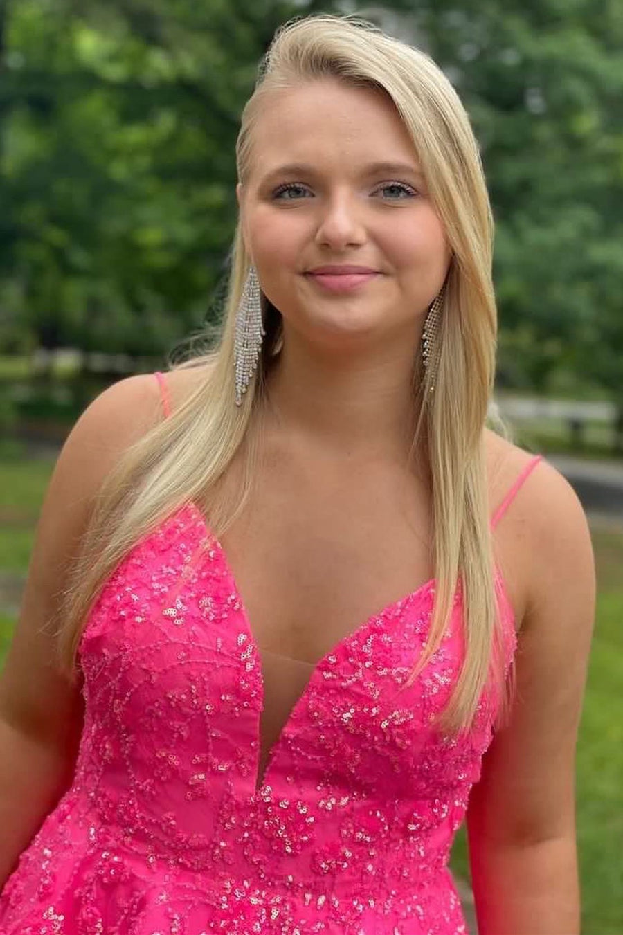 Hot Pink Sequin Lace V-Neck A-Line Homecoming Dress