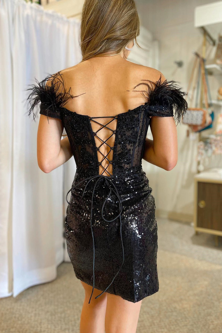 Black Sequin Off-the-Shoulder Lace-Up Short Gown with Feathers