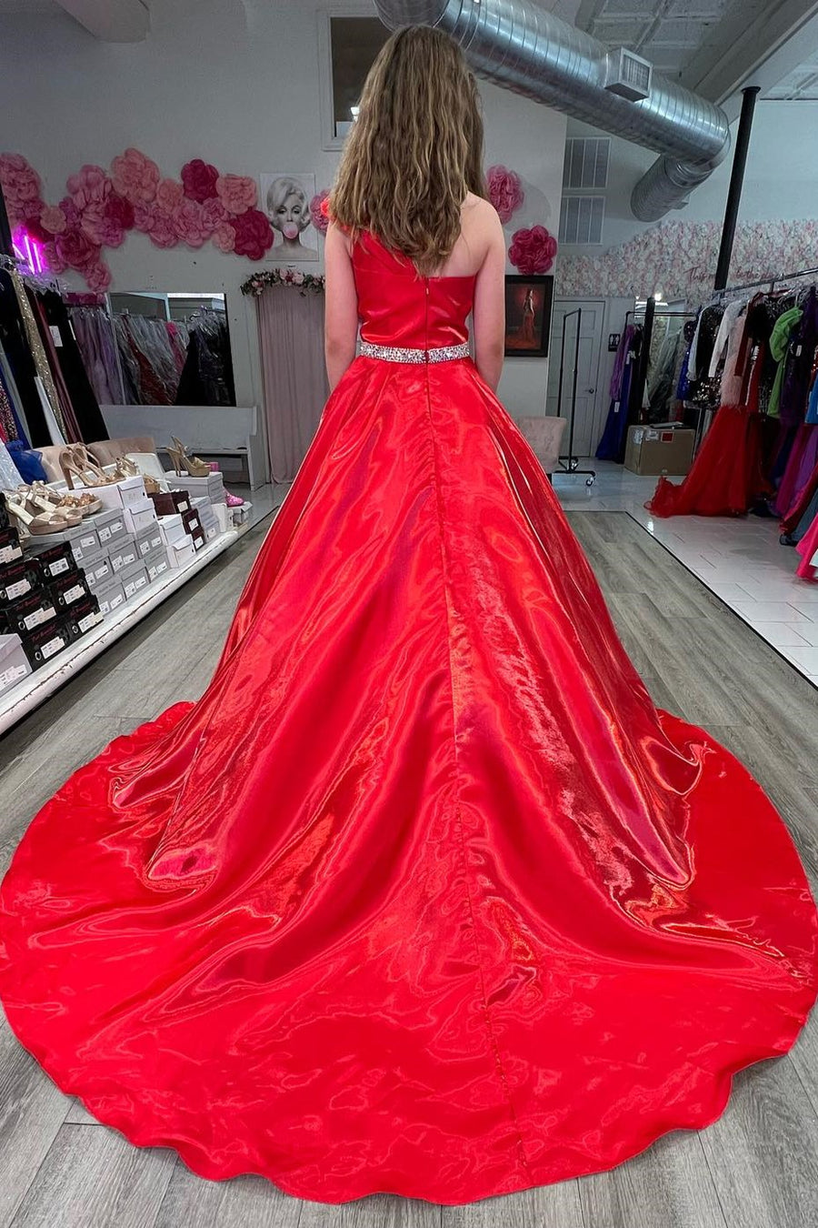 Red One-Shoulder Girl Pageant Dress with Beaded Sash