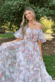 Classy Off-Shoulder Printing A-Line Ruffles Floral Long Prom Dress