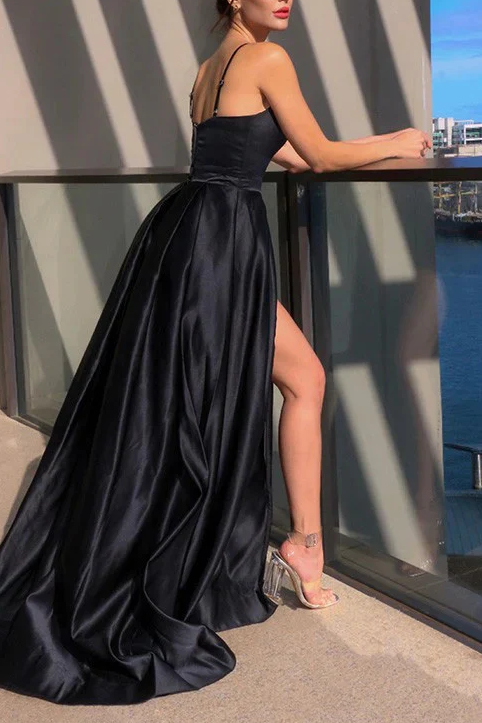 Black A-Line Spaghetti Straps V-Neck Pleated Satin Formal Prom Dress with Slit