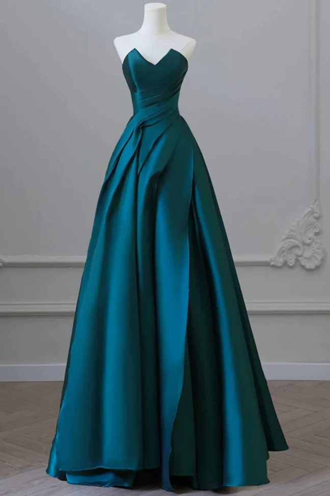 Elegant Strapless Empire-Waist Satin Pleated Long Formal Prom Dress