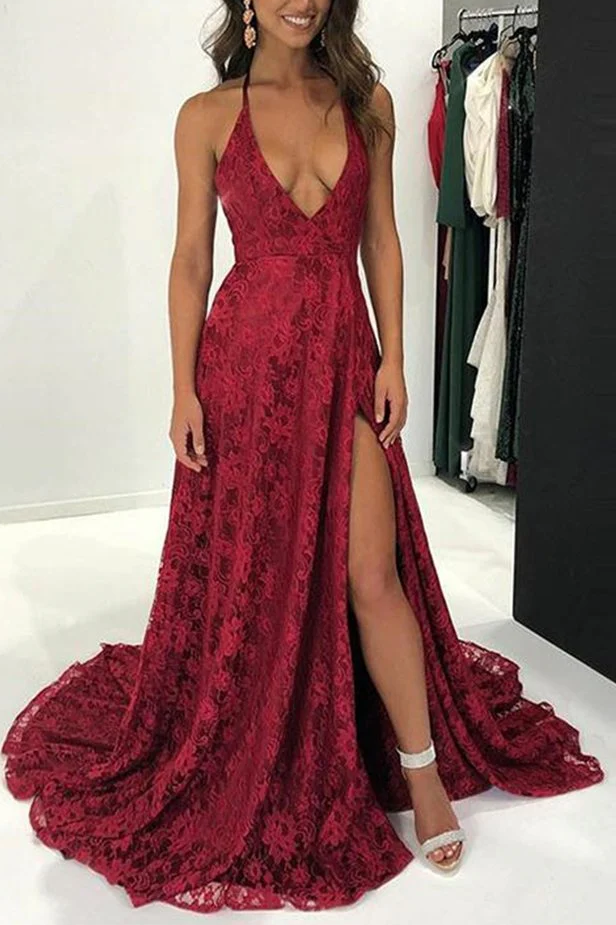 Burgundy Spaghetti Straps V-Neck Lace High Slit Long Prom Dress