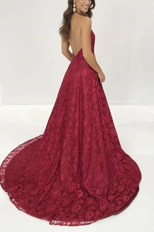 Burgundy Spaghetti Straps V-Neck Lace High Slit Long Prom Dress