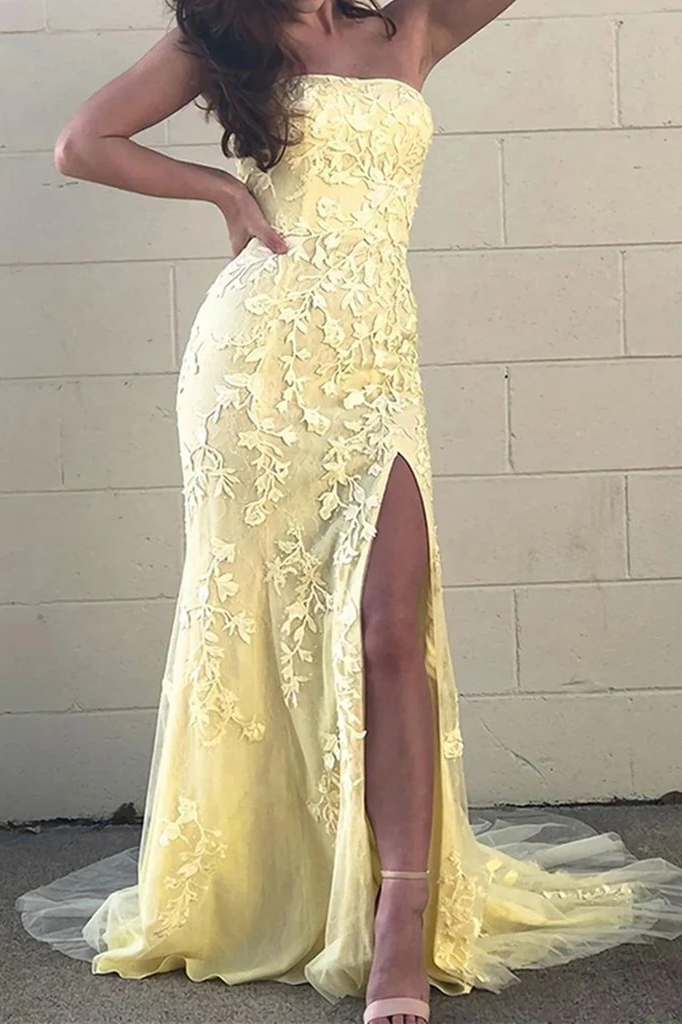 Yellow Strapless Lace Appliques Side Slit Long Trumpet Prom Dress