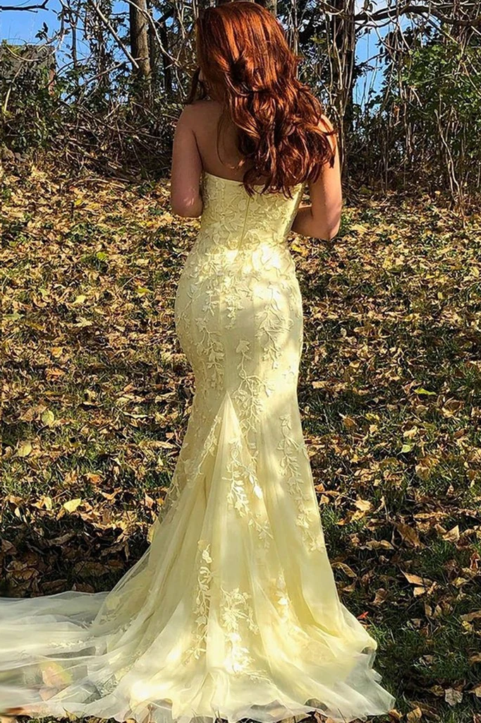 Yellow Strapless Lace Appliques Side Slit Long Trumpet Prom Dress