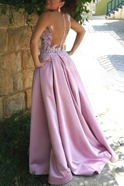 Pink A-Line Straps Appliques V-Neck Pleated Long Formal Prom Dress