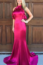 Simple High Neck Satin Ruched Mermaid Long Prom Formal Dress