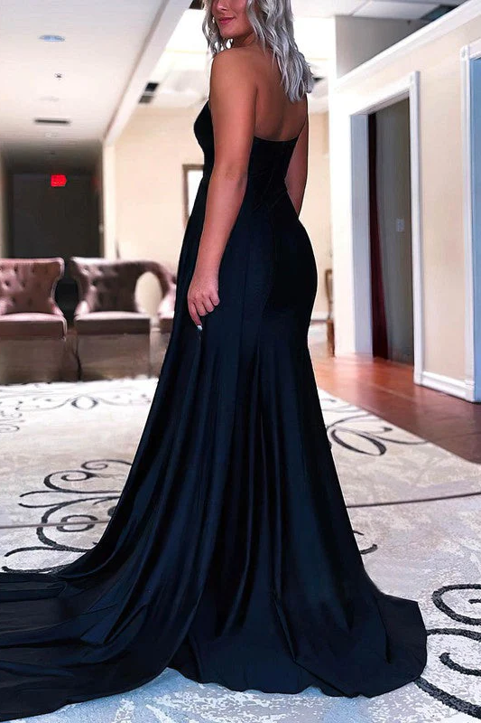 One Shoulder Mermaid Pleated Satin Sleeveless Long Prom Formal Dress