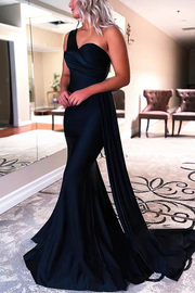 One Shoulder Mermaid Pleated Satin Sleeveless Long Prom Formal Dress