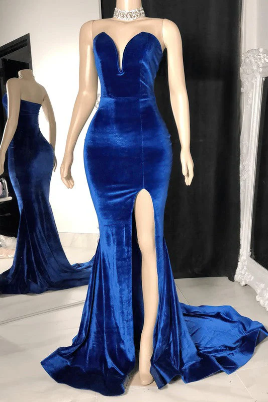 Trendy Strapless Mermaid V-Neck Sleeveless Long Prom Dress with Slit