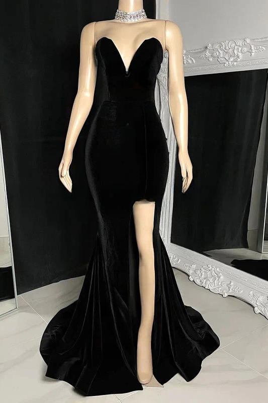 Trendy Strapless Mermaid V-Neck Sleeveless Long Prom Dress with Slit