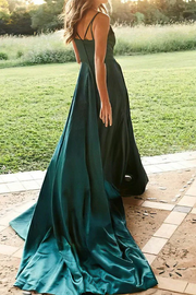 Spaghetti Straps V-Neck A-Line Satin Pleated Long Prom Formal Dress with Slit