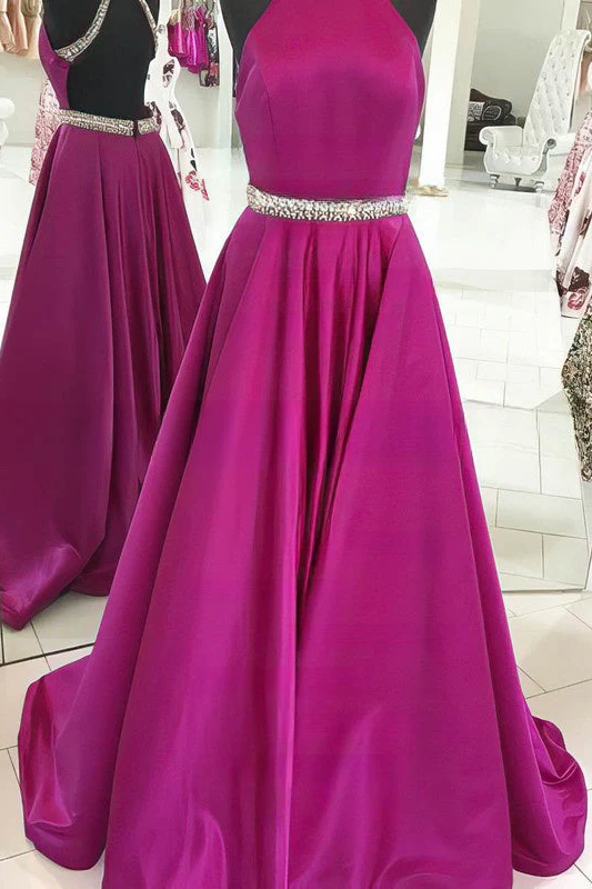 A-Line High Neck Beads Pleated Sleeveless Long Prom Formal Dress