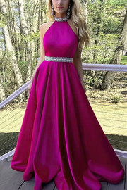 A-Line High Neck Beads Pleated Sleeveless Long Prom Formal Dress