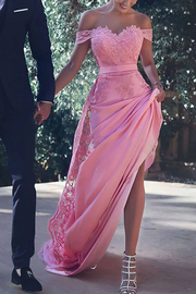 Pink Off-Shoulder 3D Floral Pleated Satin Long Formal Prom Dress