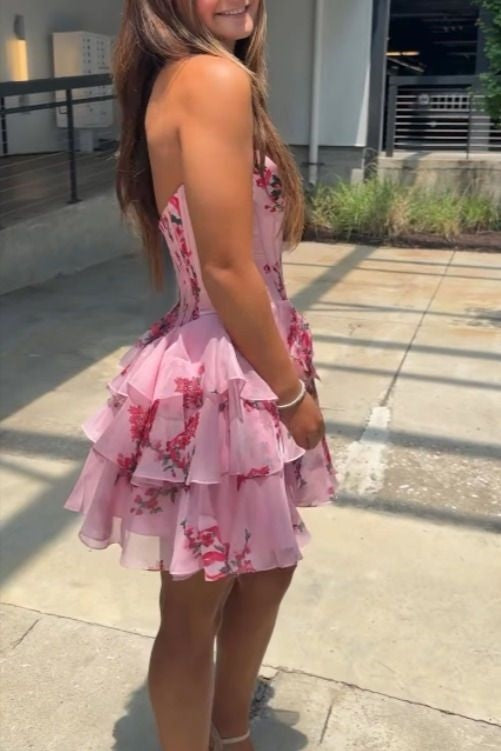 A-Line Strapless Empire-Waist Layered Chiffon Printing Floral Short Homecoming Dress