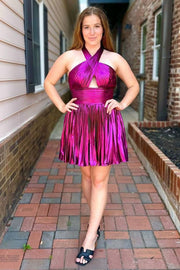 Crossed Halter Metallic Fuchsia Pleated Homecoming Dress