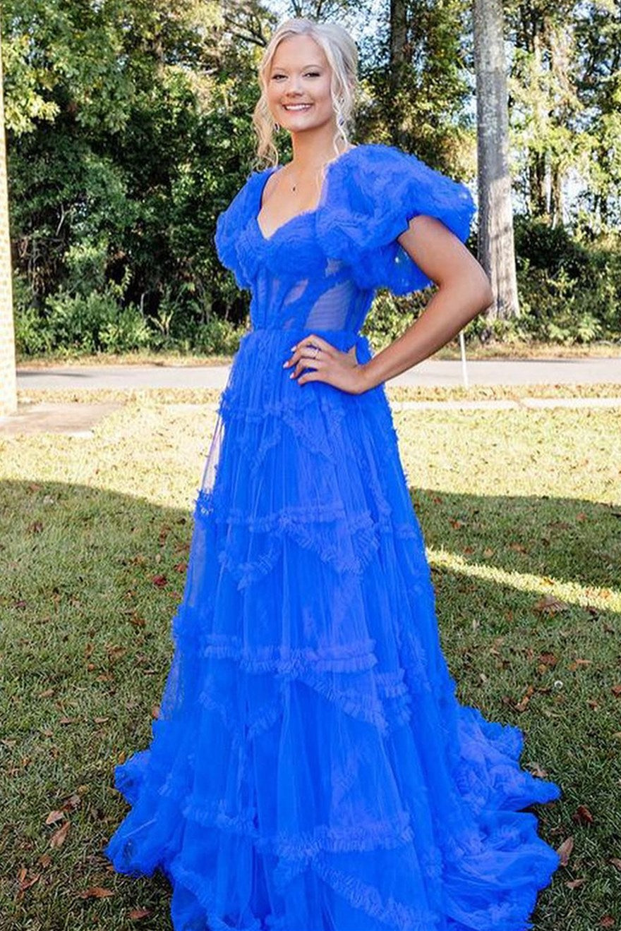 Light Blue Sheer Corset Ruffles A-Line Prom Dress with Puff Sleeves Modsele Light Blue Sheer Corset Ruffles A-Line Prom Dress with Puff Sleeves Modsele