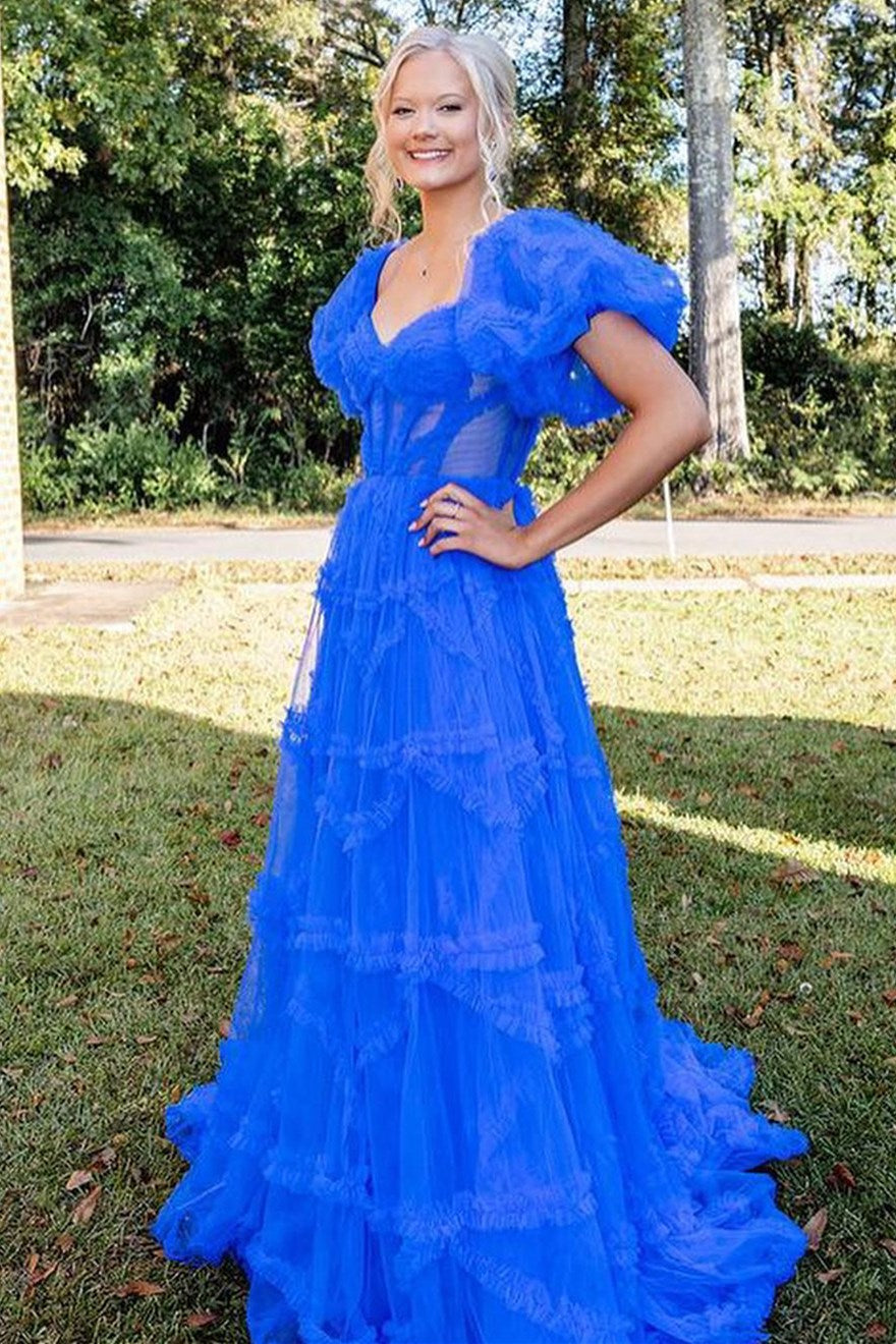 Colors Dress 3219 Size 10 Blue Long Sheer Lace Corset Ball Gown Prom Dress  Corset Ruffle Layer Formal Gown