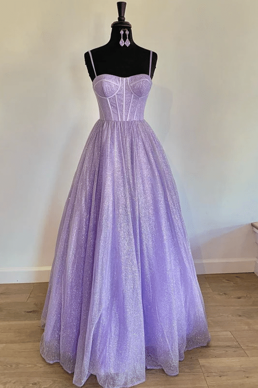 Purple Spaghetti Straps Tulle Sweetheart Pleated Long Prom Dress  Modsele