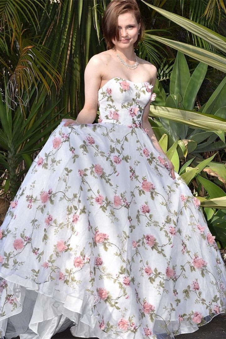 White 3D Floral Lace Strapless A-Line Long Prom Dress