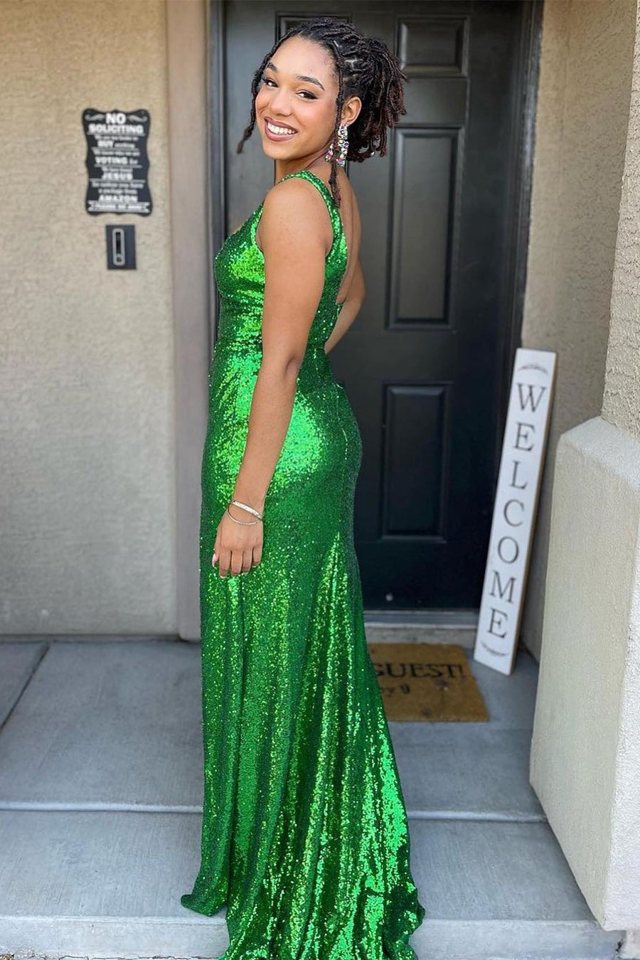 Green Sequin Square Neck Mermaid Long Prom Dress with Slit