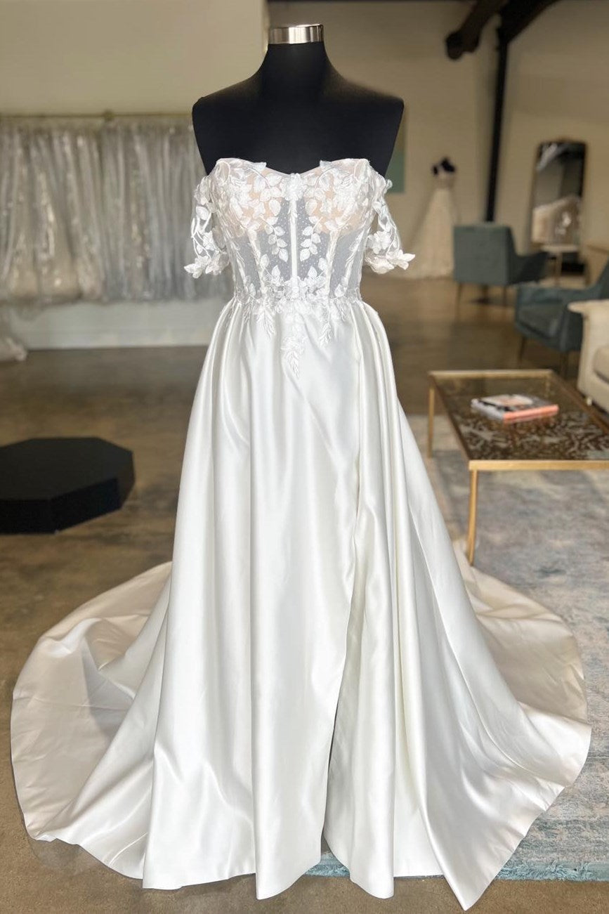 White Satin Off-the-Shoulder Appliques Long Wedding Dress