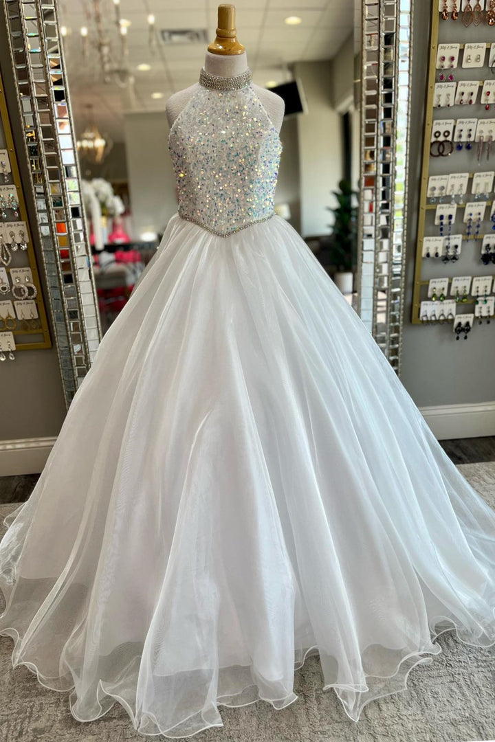 Pink Sequin Halter Backless A-Line Girl Pageant Dress