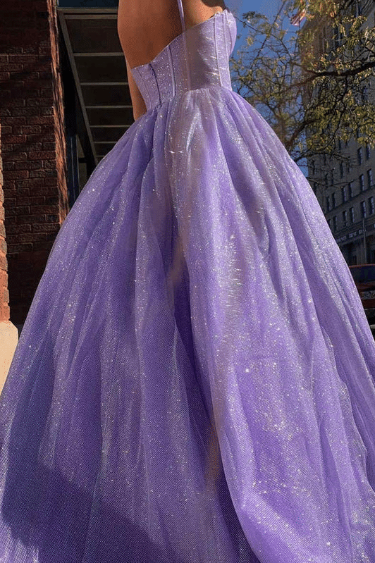 Purple Spaghetti Straps Tulle Sweetheart Pleated Long Prom Dress