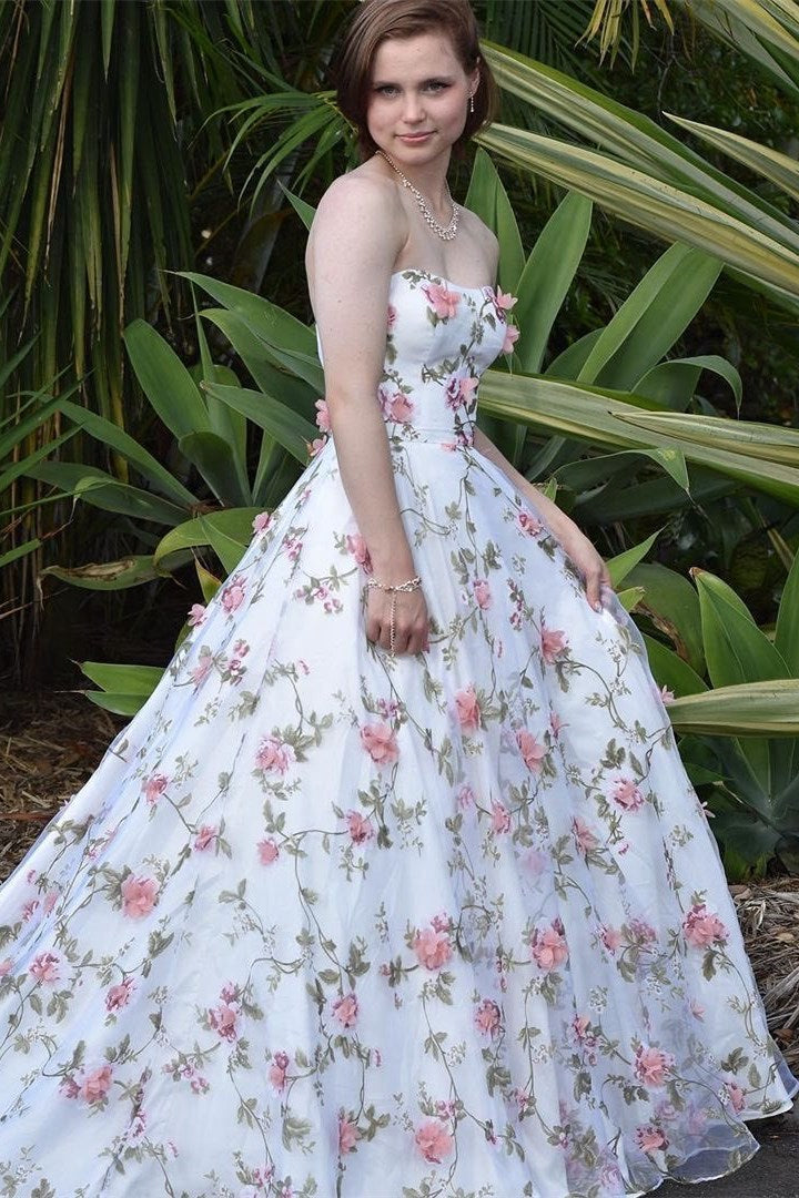 White 3D Floral Lace Strapless A-Line Long Prom Dress Modsele White 3D Floral Lace Strapless A-Line Long Prom Dress Modsele