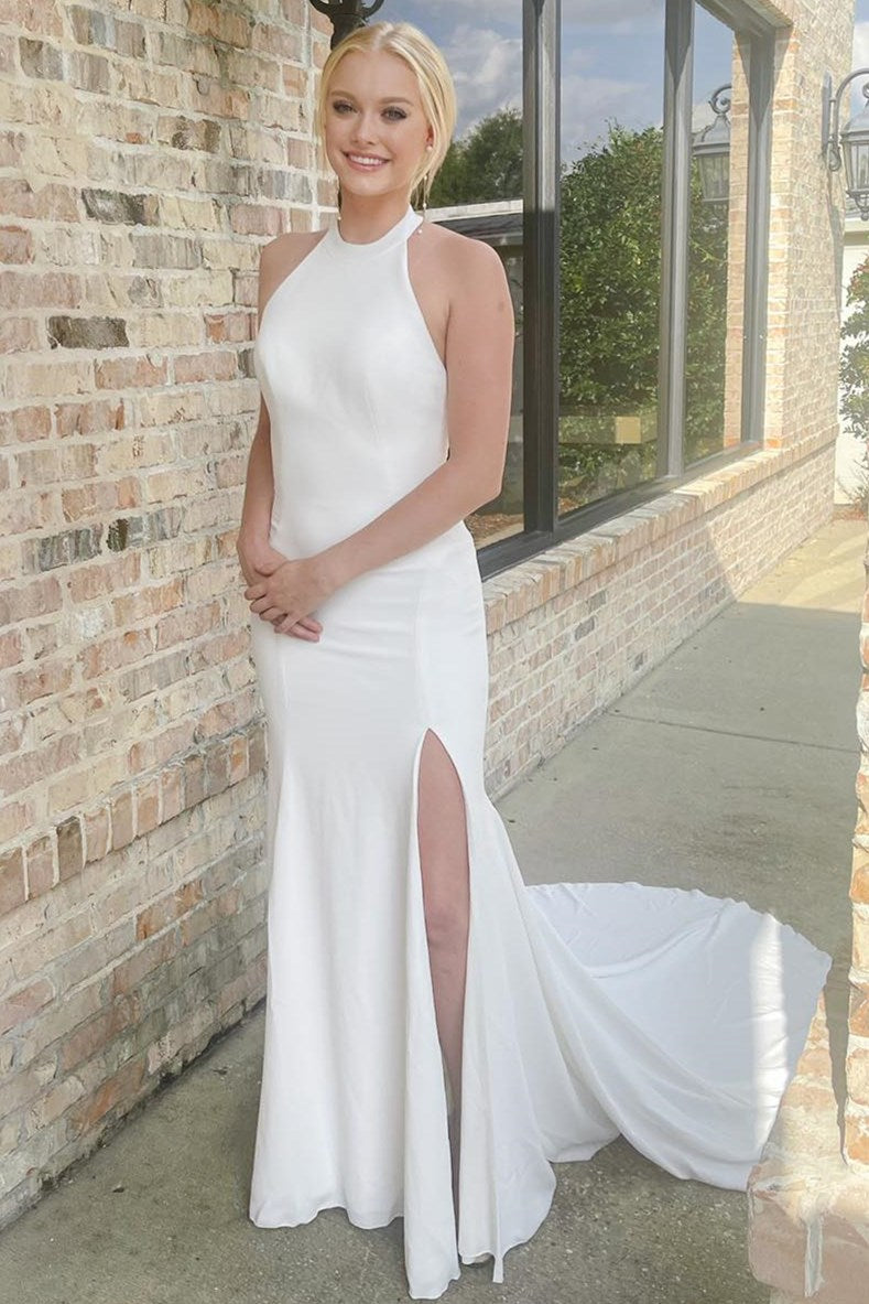 White Halter Mermaid Long Wedding Dress with Slit – Modsele