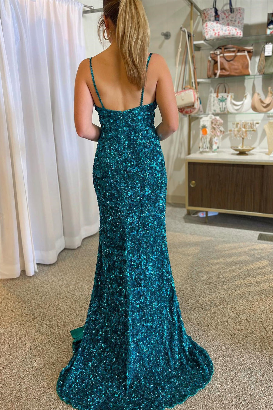 Periwinkle Sequin Keyhole Straps Mermaid Long Prom Dress with Slit