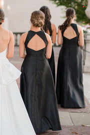 Black Round Neck Cutout Back A-Line Long Dress
